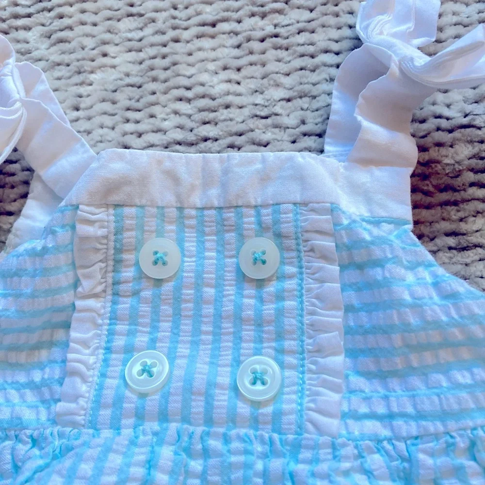 Baby Girls Seersucker Nautical Bubble Romper 100%‎ Cotton Coastal 6-12 Months